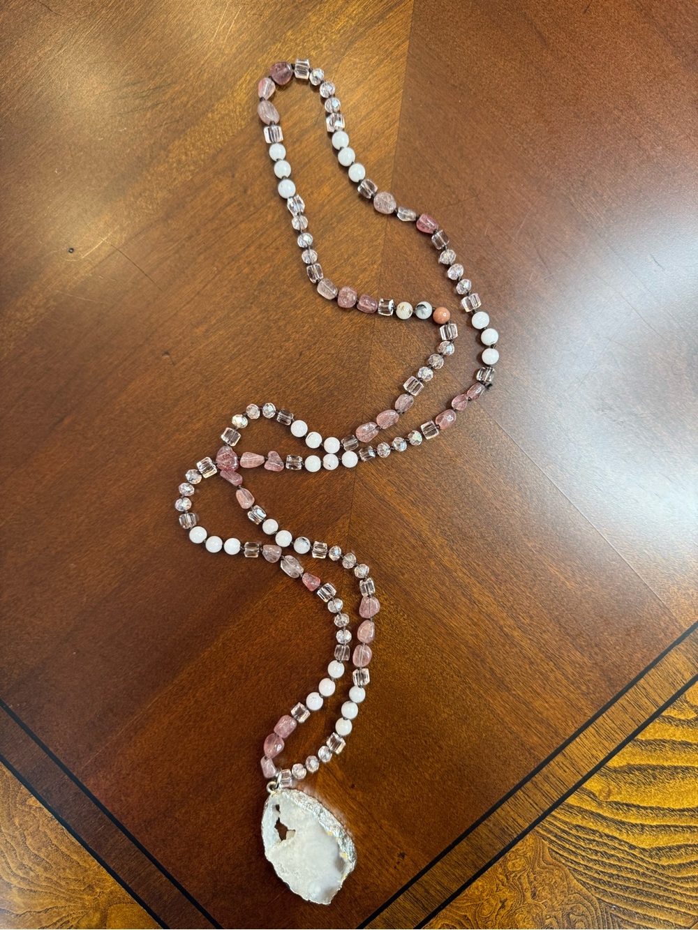Pink and White Beaded Druzy Pendant Necklace
